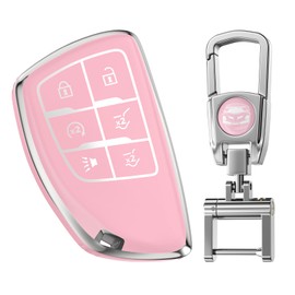 for Chevy Key Fob Cover with Keychain.TPU Keyshell No Screws Required for Installation. Compatible with 2021-2025 Silverado Sierra Tahoe GMC Yukon Suburban Denali (Sakura Pink, 6-Buttons)