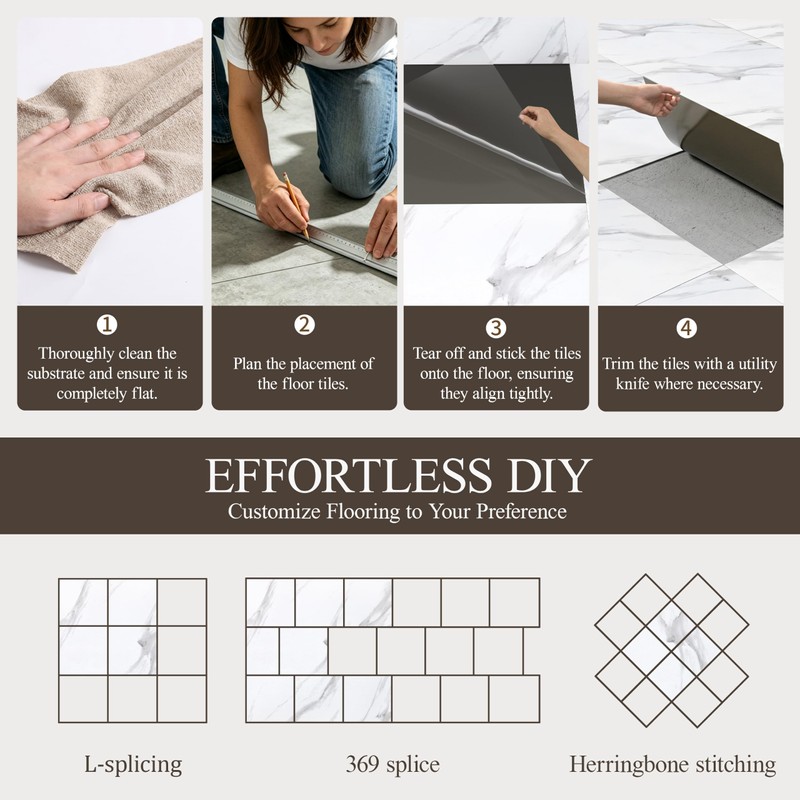 DEXDE Peel and Stick Floor Tile White Marble Waterproof 2FTx2FT
