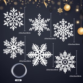 MIAHART 12 inches Large White Snowflakes Ornaments 6 Pack Big Plastic Glitter Snowflake Ornaments for Christmas Tree Winter Indoor Outdoor Window Giant Craft Hanging Snowflakes Decorations