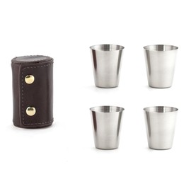 Kikkerland Shot Glasses with Leather Protective Case, Brown