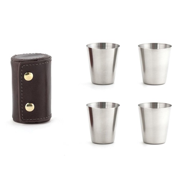 Kikkerland Shot Glasses with Leather Protective Case, Brown