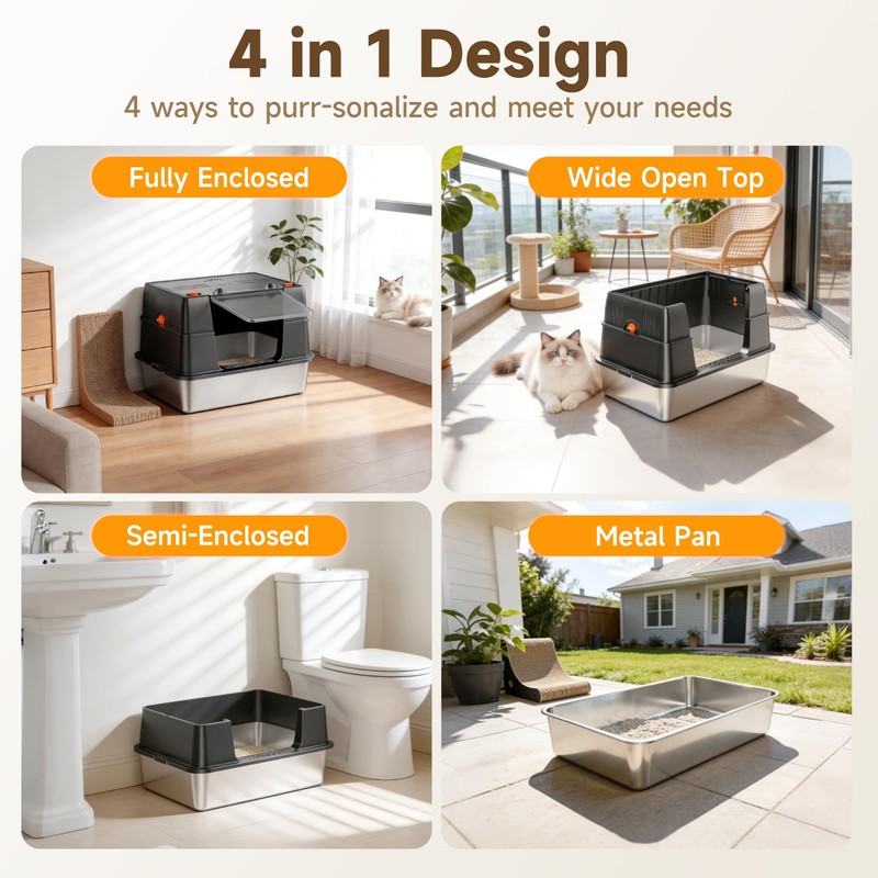 KISENG Stainless Steel Litter Box with Lid, High Sided Enclosed