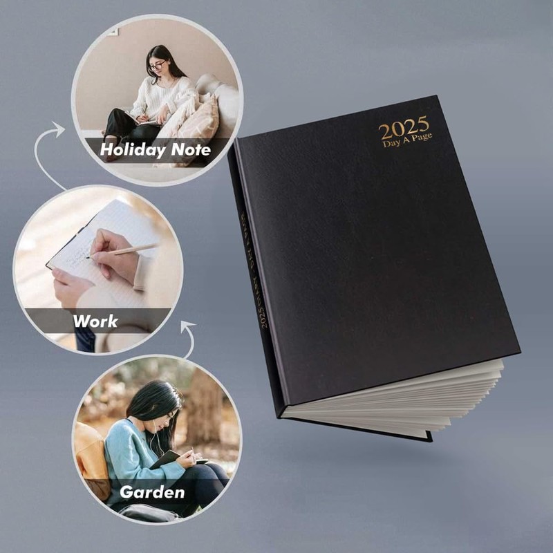 2025 Black A4 Day a Page Diary - Hardback Planner