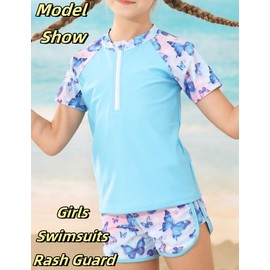Kids Girls Bathing Suits 2 Piece Set for Beach Pool 3D Mermaid Scales Blue Swimsuit Rash Guard Short Sleeve Cool Zipper Swimwear for Child 9-10 Years Old