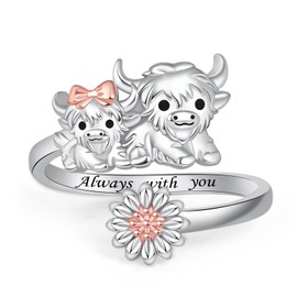 ACJNA Adjustable Highland Cow Ring,925 Sterling Silver Adjustable Daisy Cows Rings Mother Daughter Jewelry Gifts for Women