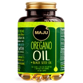 Maju Superfoods Cápsulas de orégano MAJU con aceite de semilla negra, cápsulas blandas 2 en 1 de aceite de orégano, potente carvacrol (más del 90%), a