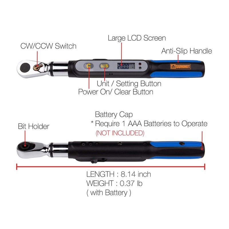 Summit Tools Bit-Head Digital Torque Wrench, 1/4 inch Drive Adopter,