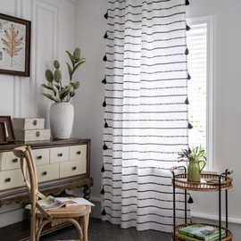ColorBird Geometric Striped Semi-Blackout Window Curtains for Living Room Boho Cotton Linen Darkening Curtains with Tassels Rod Pocket Drapes for Bedroom 2 Panels Set (52" W x 84" L, Black/White)