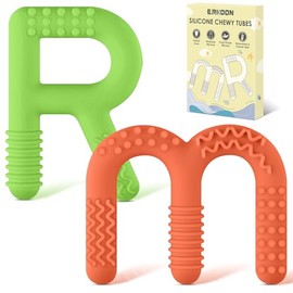 ERKOON Sensory Chew Toys for Autistic Children - Bpa-Free, Textured Silicone Teether Rings for Oral Stimulation and Calming - Safe, Durable, and Easy to Hold - Set of 2 Multicolor Teethers（M+R）