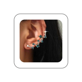 Vacaonio Vintage Rhinestone Star Ear Climber Crawler Earring Star Cuff Wrap Earring Gold Blue Star Ear Cuff Earring CZ Crystal Climber Earring Blue Rhinestone Cuff Climber Earring Jewelry for Women