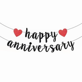 Anniversary Decorations Banner Garland, Glitter Black Happy Anniversary Banner Love Heart Romantic Hanging Decorations for Wedding Anniversary Party Home Indoor Outdoor Decorations Supplies