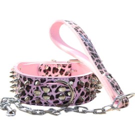 haoyueer 2 inches Wide Leather Spiked Studded Dog Collar+Chain Leash Set Heavy Duty Fit Pitbull, Bulldog, Doberman(Leopard,XL)