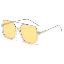 Long Keeper Retro Oversize Pilot Sunglasses for Women Men Aviation Sunglasses Square Double Bridge Sun Glasses Semi-Rimless Vintage Shades UV400 Protection (Silver Clear Frame - Yellow Lens)
