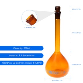 ALWSCI 500 ML Volumetric Measuring Flask Set NS19/26 Glass Stopper, Amber, Graduated, ASTM Class A Borosilicate Glass 3.3 for Laboratory, 2 PCS