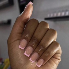 24Pcs Square False Nails Short - Pink Edge French Press on Nails - Fake nails with Glue - Stick on Nails French Tip - Full Cover Acrylic False Nails & Accessories Nails Art for Women