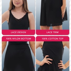 Valair Candyland Full Slip for Girls Sleeveless 100% Cotton Camisole-Style Top with Cling-Free Silky 100% Nylon Bottom, Lovely Lace Design (Black, 12)