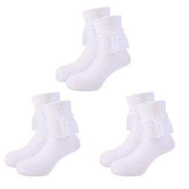JUPSK 3 Pairs Girls White Frilly Socks Kids Communion Socks Princess Lace Ballet Socks Cotton Wedding Flower Girl's Socks for Baby Children 8-10 Years