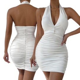 Hanaoops Sexy Party Dress Women's Deep V-Neck Halterneck Bodycon Mini Dress Sleeveless Backless Short Bodycon Summer Dress Plain Tight Party Club Dress, White