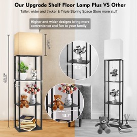 RUNTOP Plus Floor Lamp with Shelves, Shelf Lamp with 15W LED Bulb, 3 Colors, Memory Function, Wide Display Shelf for Collectibles Storge, Shelf Floor Lamps for Living Room, Standing Lamp for Bedroom