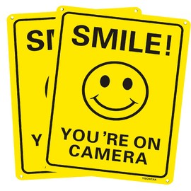2Pcs Smile You're On Camera Sign Reflective Video Surveillance Signs 10x7 Inch Aluminum UV Protected Sign for CCTV Security Camera