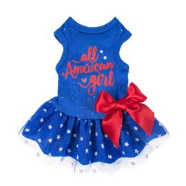 Fitwarm All American Girl Dog Dress - Patriotic Tulle Dress for Small Dogs, Royal Blue, Red, White