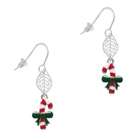 Delight Jewelry Silvertone Candy Cane with Green Bow Silvertone Leaf French Earrings
