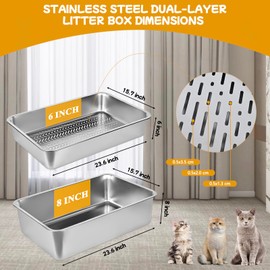 23.6''x15.7''x8'' Stainless Steel Sifting Litter Box, XXL Large Metal Sifting Cat Litter Box for Pine Pellets, Litter Pan Tray System for Indoor Cats with Scoop and Pee Pad, Easy to Clean(8 Inch)