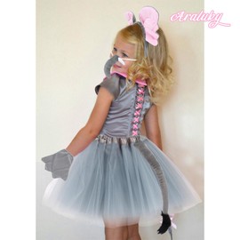 Araluky Elephant Costume Accessories Set Elephant Ears Headband, Nose, Bowtie, Tail, tutu Skirt & Paw Gloves Animal Costumes Dress Up Costumes for Play Party Carnival World Book Day, Grey