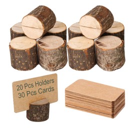 Toncoo Wood Place Card Holders, 20Pcs Premium Rustic Table Number Holders and 30Pcs Kraft Table Place Cards, Wood Photo Holders, Ideal for Wedding Party Table Name and More