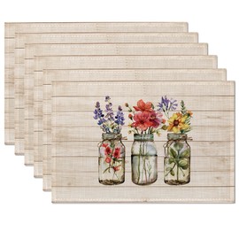 Flowers Wooden Background Placemats Set of 6,Table Mats Non-Slip Heat Resistant Washable Placemat for Party Kitchen Dining Table Decoration Indoor Outdoor