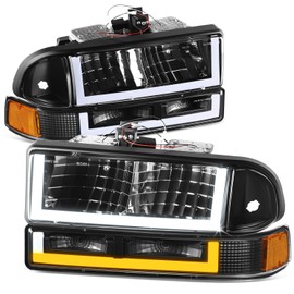 DNA MOTORING Pair of Headlights Clear Lens/Amber Reflector Halogen/LED Compatible With Blazer 1998-2004 / S10 1998-2004, HL-LB3-S10984P-BK-AM
