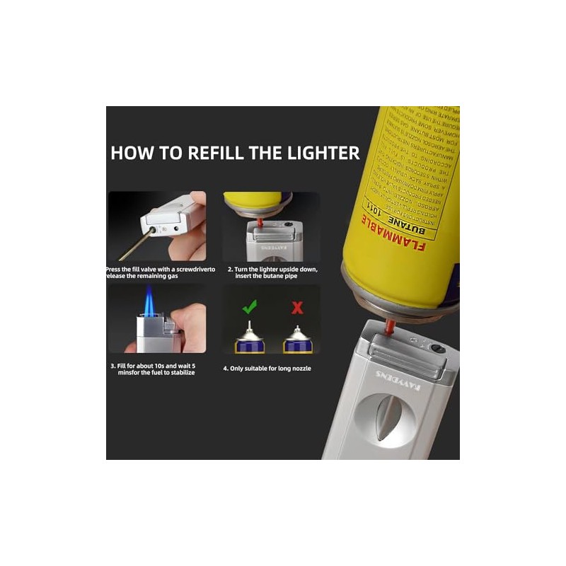 Kavydens Torch Lighter with The V Cutter, Refillable Butane Double