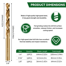 1/4" Cobalt Drill Bit Set,10Pcs M35 High Speed Steel Jobber Length Kit Premium Metal Drill Bits for Hardened Steel Stainless Steel Cast Iron Plus Wood Plastic (1/4"-10 PCS)