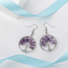 YACQ Natural Gemstone Tree Dangle Drop Earrings Handcrafted Jewelry for Women (amethyst)