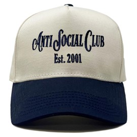 Funky Junque Anti Social Club Embroidered Snapback Trucker Hat, Two Tone Canvas Snapback Cap, Embroidered Adjustable One Size Baseball Hat, Navy/Beige