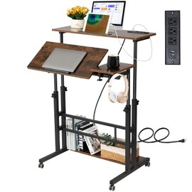 Hadulcet Mobile Standing Desk with Charging Station, Stand Up Laptop Desk Mobile Workstation for Home Office Classroom with Wheels, 31.49 x 23.6 in Rustic Brown