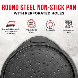 Bakken Pizza Baking Pan - Round Perforated Carbon Steel Pan with Non-Stick Marble Coating, Oversized Silicone Handle, Dishwasher Safe, High-Temperature Resistant, Durable & Easy Cleanup Gray