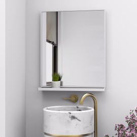 WONSTART Bathroom Mirror with Shelf, White Rectangle Wall Mirror for Living Room Bedroom Entryway, Bathroom Mirrors for Wall, Hanging Mirror for Wall (24'' x 20'')