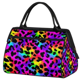 Colorful Leopard Print Weekender Bag for Women Foldie Gym Duffle Bags Canvas Compact Workout Bags Carry On Tote Bag Sport Travel Overnight Sleepover Hospital for Traveling Luggage