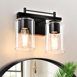 2-Light Vanity Lights for Bathroom: Black Modern Vanity Lights with Clear Glass Shade, Modern Bathroom Wall Lamp for Mirror