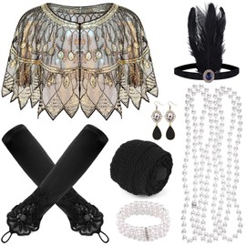 PLULON 8pcs 1920s Flapper Accessories Set Sequin Scarf Wraps Feather Headband Pearl Chain Bracelet Earrings Gloves for Women, Polyester