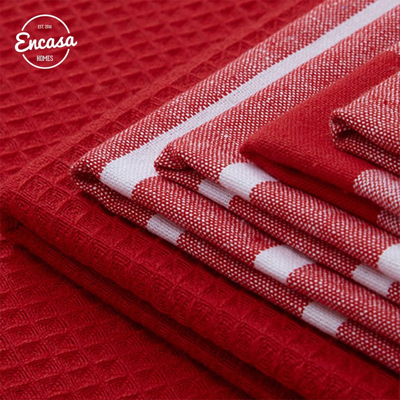 Encasa XO Kitchen Dish Towels Set | Red | Waffle