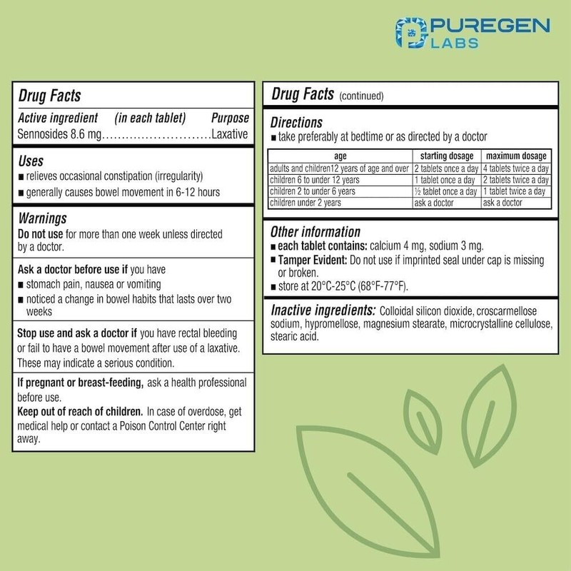 Puregen Senna Natural Vegetable Laxative Tablets Constipation Relief 1000 Count