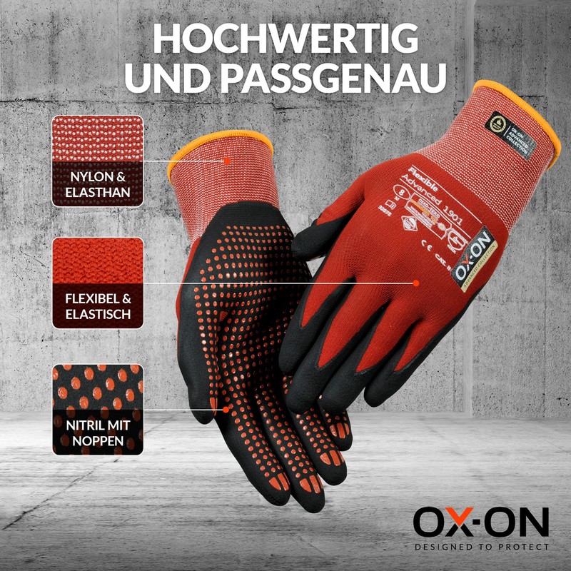 OX-ON Flexible Advanced 1901 Red Work Gloves, Extremely Durable Safety