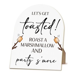 ANIANG Summer Wedding Desk Decor, S'mores Station Signs, Smore Bar Wood Arch Sign, Let's Get Toasted Roast a Marshmallow Wooden Sign with Stand for Outdoor Party Rustic Wedding, 8x10 Inch