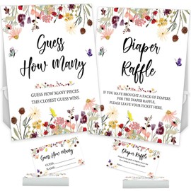 Wildflower Diaper Raffle Sign with 50 Tickets, Floral Baby in Bloom Candy Jar Guessing Game Sign with 50 Cards, Baby in Bloom Wildflower Baby Shower Decorations Game Set