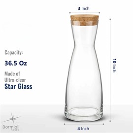 Bormioli Rocco Ypsilon Glass Carafe Set with Cork Tops - 36.25 oz Contemporary Juice Containers & Drink Dispensers for Wine, Water, Milk - Dishwasher Safe Glassware for Entertainment, Made in Italy