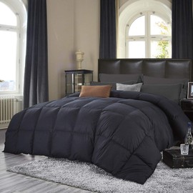 Luxurious All-Season Goose Down Comforter Full Size Duvet Insert, Classic Black, Premium Baffle Box, 1200 Thread Count 100% Egyptian Cotton Cover, 55 oz Fill Weight (Full, Black)