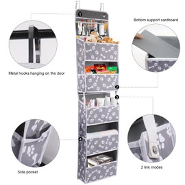 Brabtod Dog Toy Basket 1 pack,5-Shelf Hanging Organizer for Dog Toys,Over Door Basket for Dogs with 2 Metal Hooks,5 Pockets Organizer for Dog Leash Harness Toys Treats-62.5''(height)-Bone Claw Print