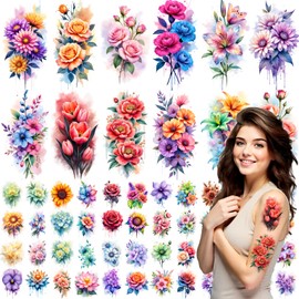 75 Pcs Floral Temporary Tattoo Stickers Decorations for Women Men 4.7 Inch Watercolor 3D Realistic Flowers Temporary Tattoos Stickers Bulk Fake Mixed Style Sleeve Stickers for Girls Decor Supplies